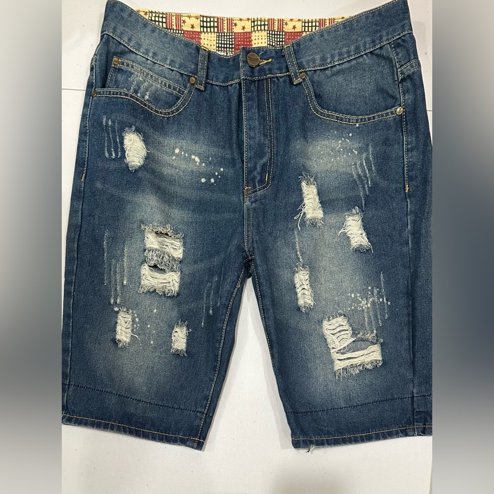 QIMU The Fashion Jeans Men‎ Denim Shorts Size L Factory destroyed Bleached